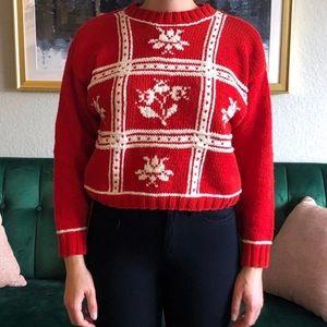 Vintage LizSport Red & White Knit Floral Scandinavian Crewneck Pullover Sweater